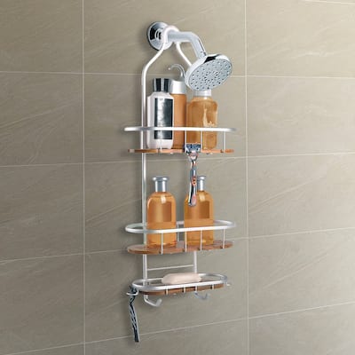 Utopia Alley Tia Rustproof Teak Overhead Shower Caddy with 3 Shelves, Hanging Shower Head Organizer, Black & Chrome Finish