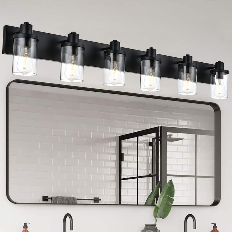 Rustic Wall Light Fixture in Matte Black Finish, 6 Light Bathroom Vanity Lighting with Clear Glass Shade, Wall Lamp Sconces - Black