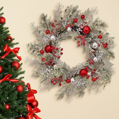 24" Frosted Mixed Ball Berry Pine Wreath - Red Green Silver