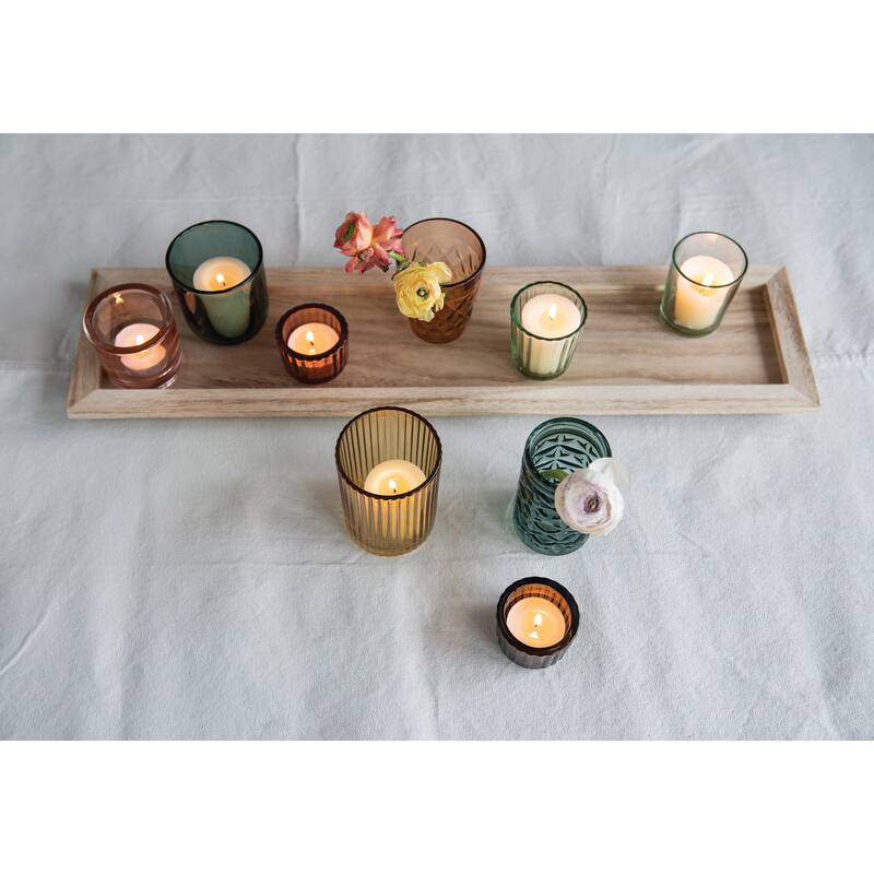 Wood Tray with 9 Blue & Green Glass Votive Holders