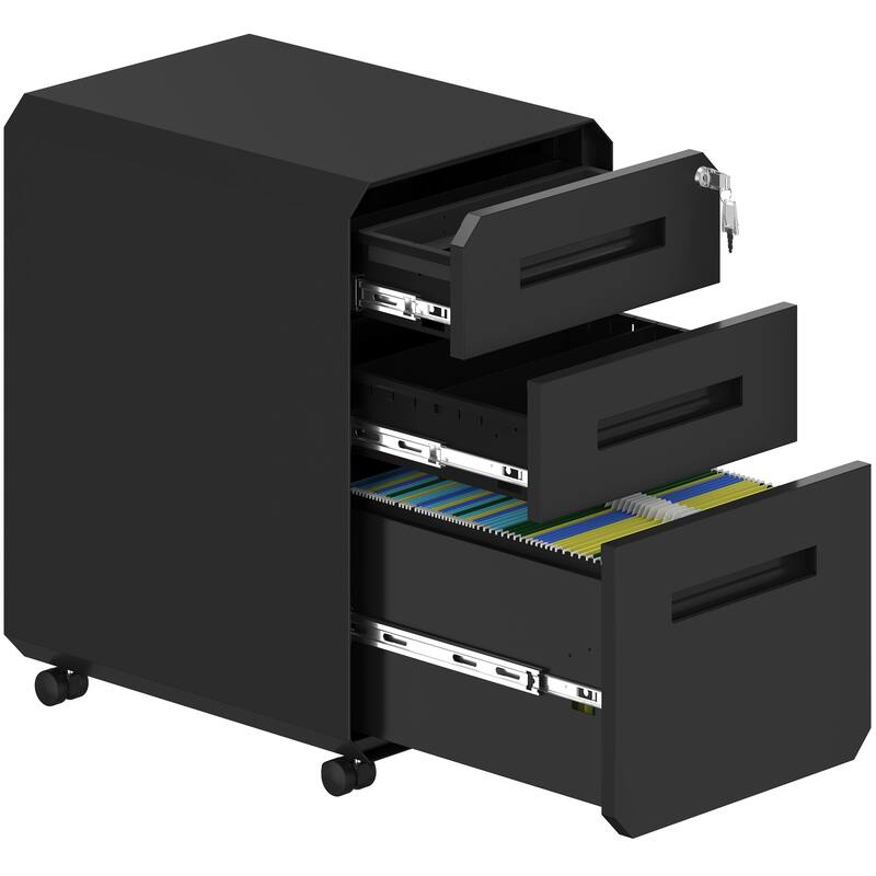 Modern Polygon 3-Drawer Wheeled Steel File Cabinet