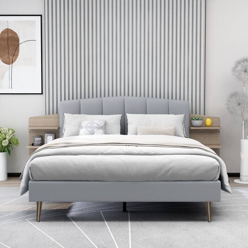 Alazyhome Upholstered Platform Bed Frame with Bedside Cupboard