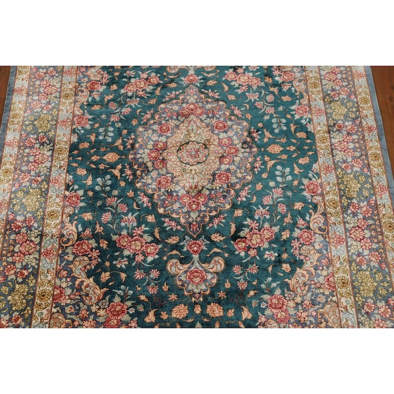 Floral Qum Persian Accent Rug Hand-Knotted Traditional Silk Carpet - 3'5"x 4'10"