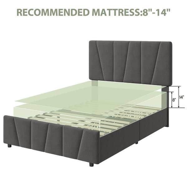 dimension image slide 0 of 2, Upholstered Platform Bed Frame with Adjustable Headboard and Drawers