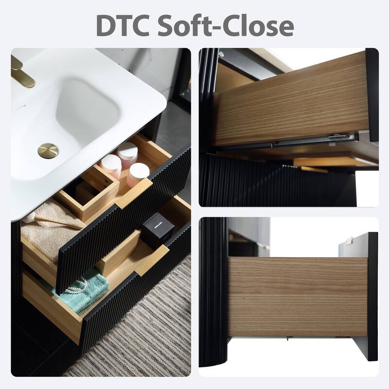 Modland Fluted Floating Vanity with Sink, Plywood Wall Mount Cabinet, Curved Edge, 24/30/36 Inch