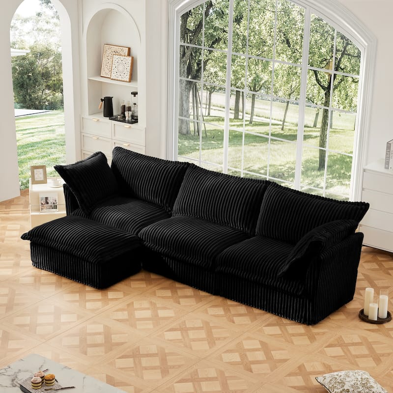 Modern L-Shaped 3-Seater Slipcovered Corduroy Sectional with Ottoman - Black