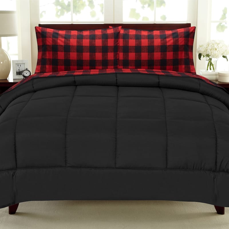 Sweet Home Collection Burgundy Black Buffalo Check Sheet & Solid Black Comforter Set