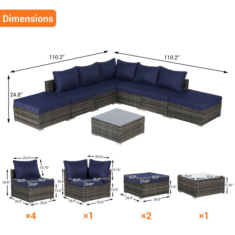 8-Pieces Outdoor Patio Sectional Sofa Set with Washable Cushions & Glass Coffee Table