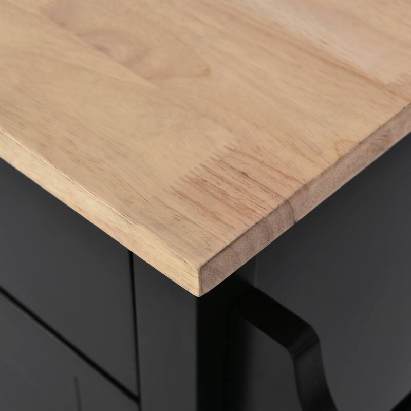 Wooden Kitchen Island with Rubber Drop-Leaf Countertop, Rolling Storage Cabinet wConcealed Sliding Barn Door & Adjustable Height