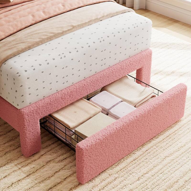 Twin Velvet Upholstered Platform Bed Frame with Wave Headboard & Drawer, No Box Spring Needed, Wood Slats, Noiseless