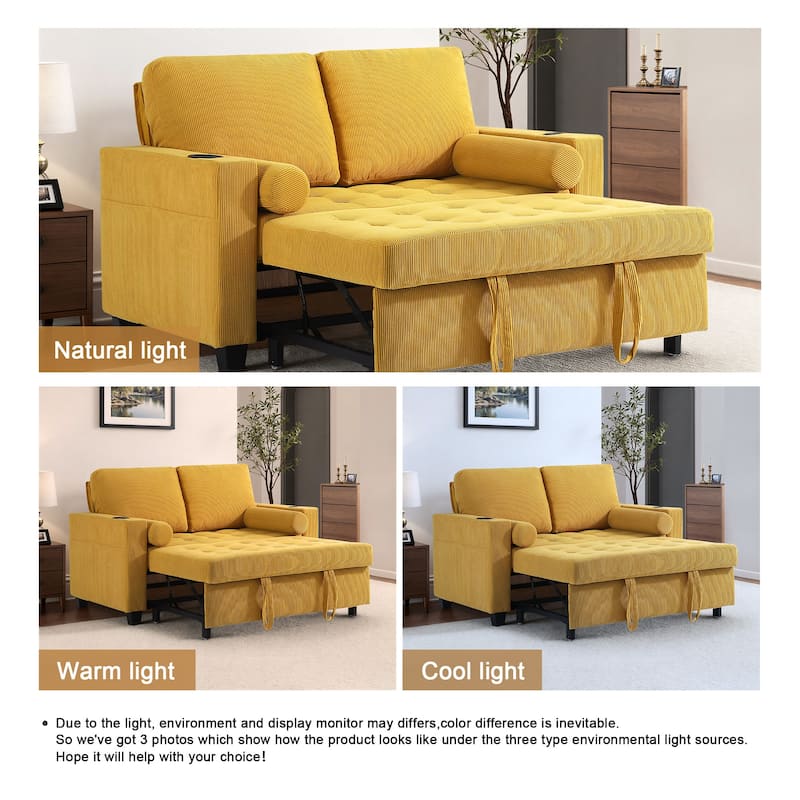 3-in-1 Corduroy Sleeper Sofa Pull-Out Bed Convertible Adjustable Loveseat with USB Port