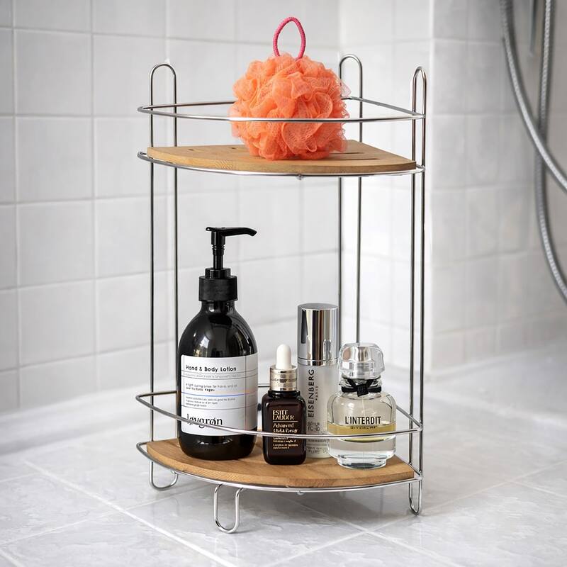 Corner Bathroom Organizer Storage Tower 3 or 2 Shelves Bamboo Black Metal