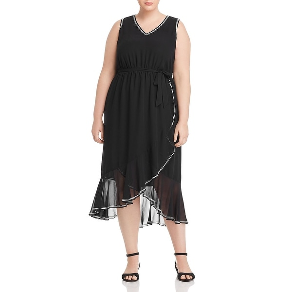 Vince Camuto Womens Plus Midi Dress Chiffon Ruffled - Rich Black