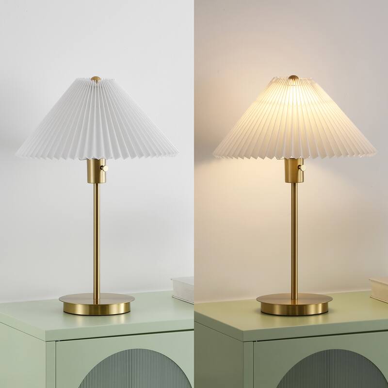Isla 21.25" Modern Glam Metal Column LED Table Lamp with USB Charging Port and Pleated Shade, Brass Gold/White, by JONATHAN Y