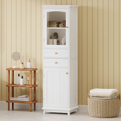 Tall Bathroom Storage Cabinet with Glass Doors, Free-Standing, Two Drawers, and Adjustable Shelves