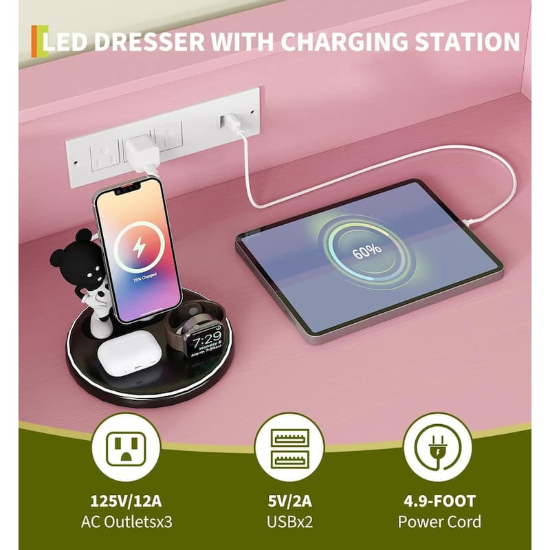 4-Drawer Dresser for Bedroom with Charging Station & RGB Lights