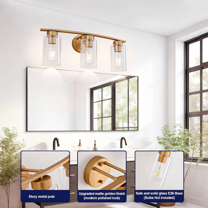 3-Light Vanity Lights, E26 Modern Bathroom Light Fixtures with Clear Glass Shade, Wall Lamps for Mirror Kitchen Hallway