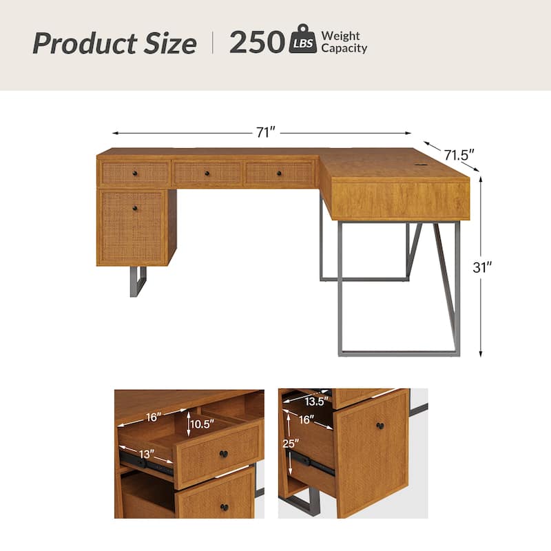 Alfons Industrial L-shaped Lift Top Cane Executive Office Desk with Drawers and Built-In Outlets by HULALA HOME