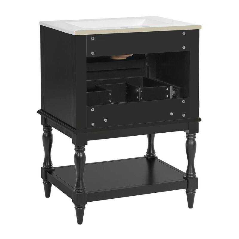 24" Bathroom Vanity with Ceramic Sink, Retro Open-Shelf Cabinet with 2 Drawers