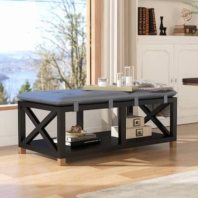 Transitional Wood Storage Bench with Removable Faux Leather Cushions by Furniture of America