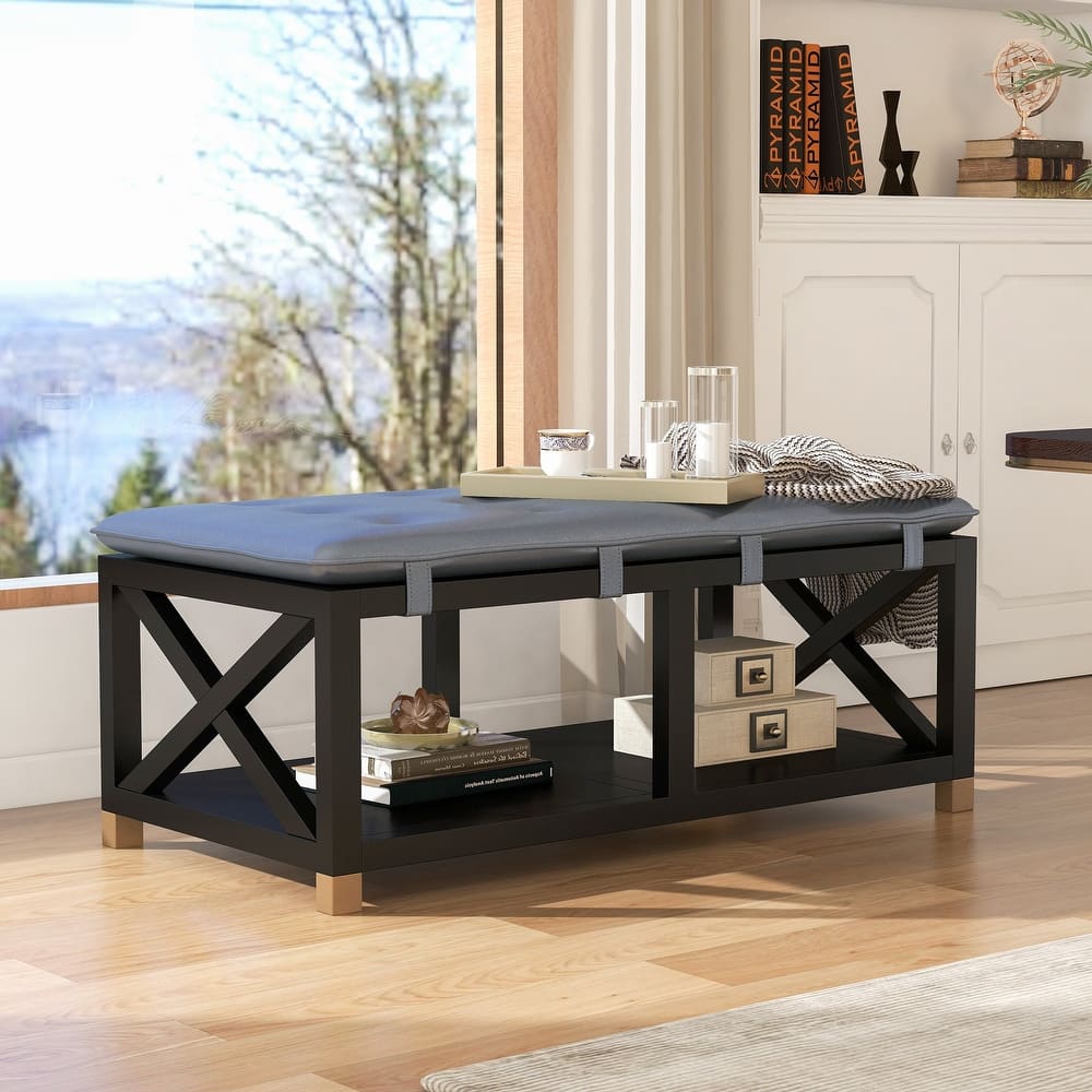 Transitional Wood Storage Bench with Removable Faux Leather Cushions by Furniture of America