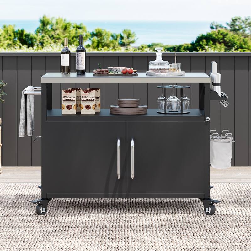 54.5" Outdoor Kitchen Island with Stainless Steel Tabletop, 4 Lockable Wheels, Spice Rack and Towel Rack - Black