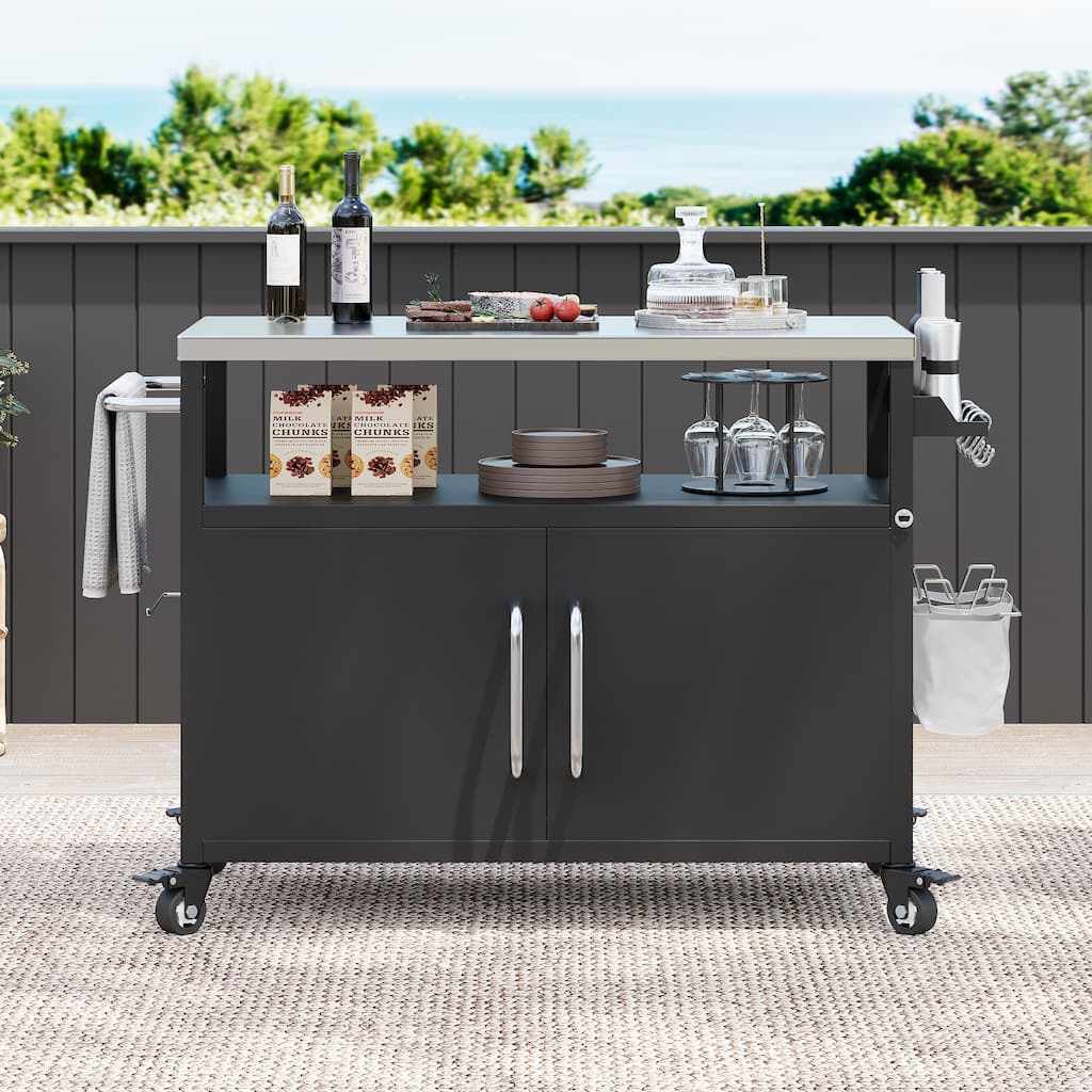 54.5" Outdoor Kitchen Island with Stainless Steel Tabletop, 4 Lockable Wheels, Spice Rack and Towel Rack