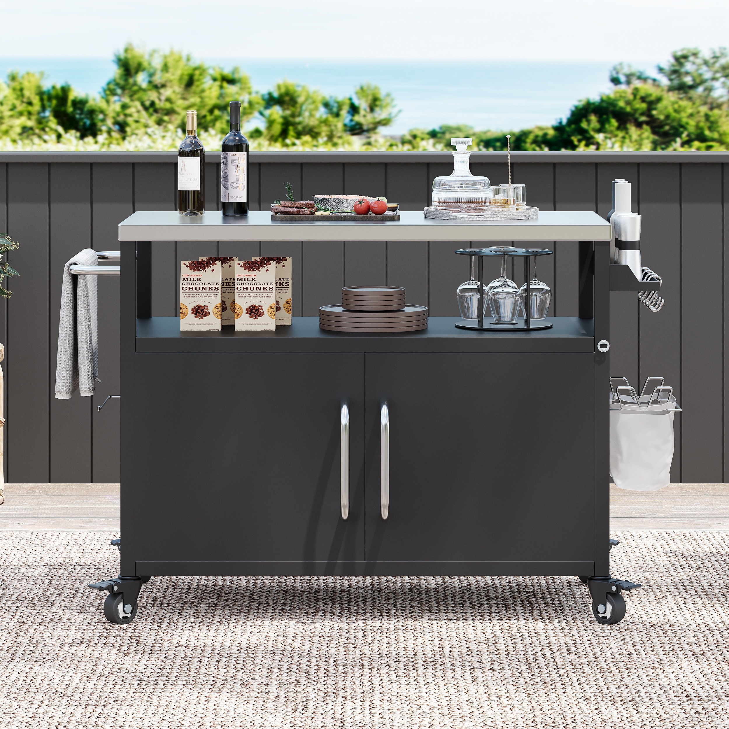 54.8" Outdoor Kitchen Island with Stainless Steel Tabletop, 4 Lockable Wheels, Spice Rack and Towel Rack