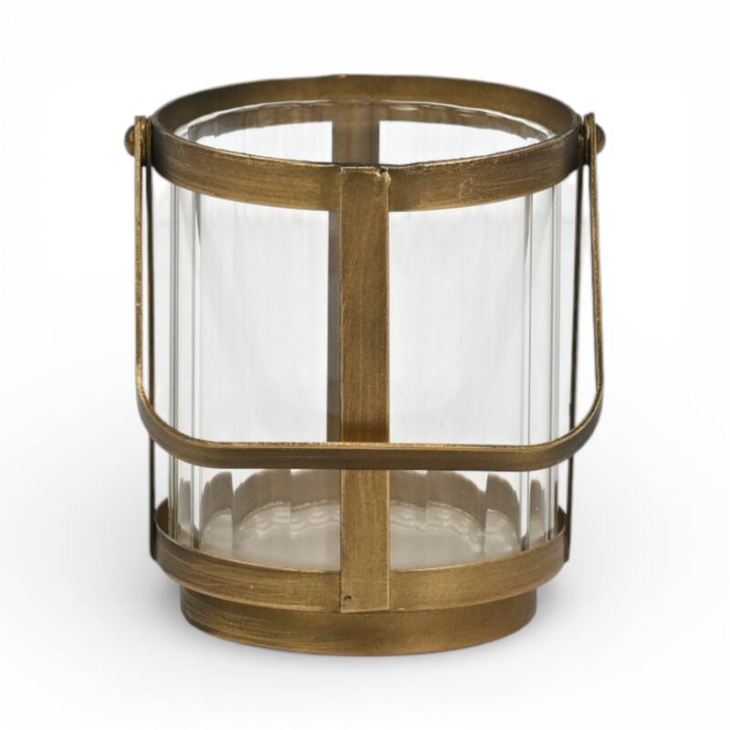 Vortial Fluted Glass Candle Lantern with Gold Metal Frame