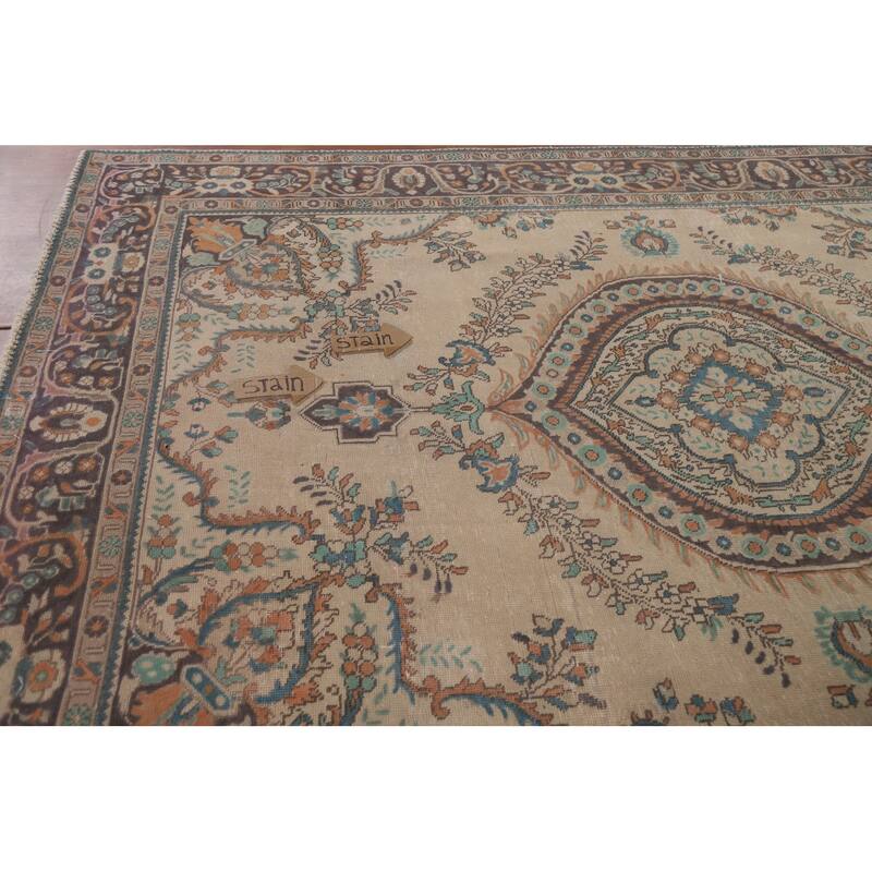 Hand Knotted Oriental 100% Wool Carpet Traditional Floral Beige & Ivories Tabriz Area Rug - 9' 6'' X 6' 7''