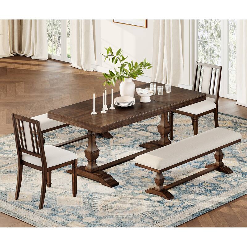 5-pieces Farmhouse Dining Table for 6, 74.8" Kitchen Table Set with 2 Benches and 2 Chairs, Solid Wood Legs and Cushion Seat
