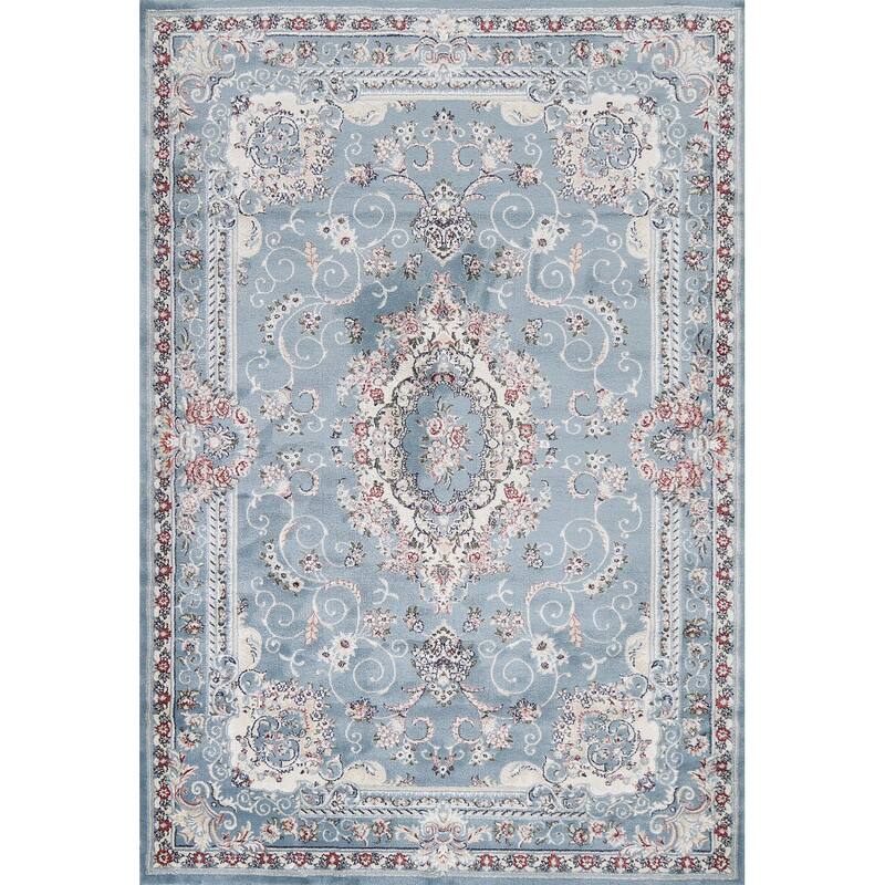 Light Blue Floral Medallion Transitional Turkish Rug Oriental Carpet