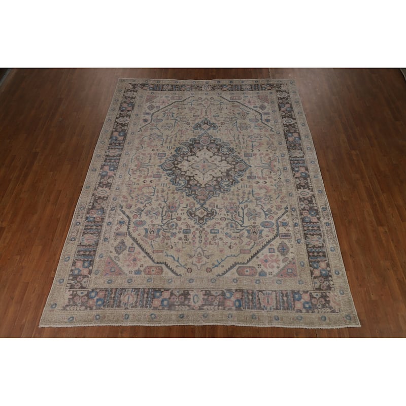 Geometric Beige Tabriz Persian Rug Hand-Knotted Wool Carpet - 8'1"x 10'8"
