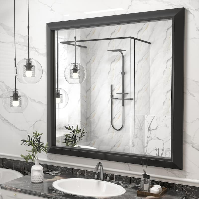 Beveled Metal Rectangle Framed Bathroom Vanity Tempered Glass Mirrors - 40" x 38" - Black
