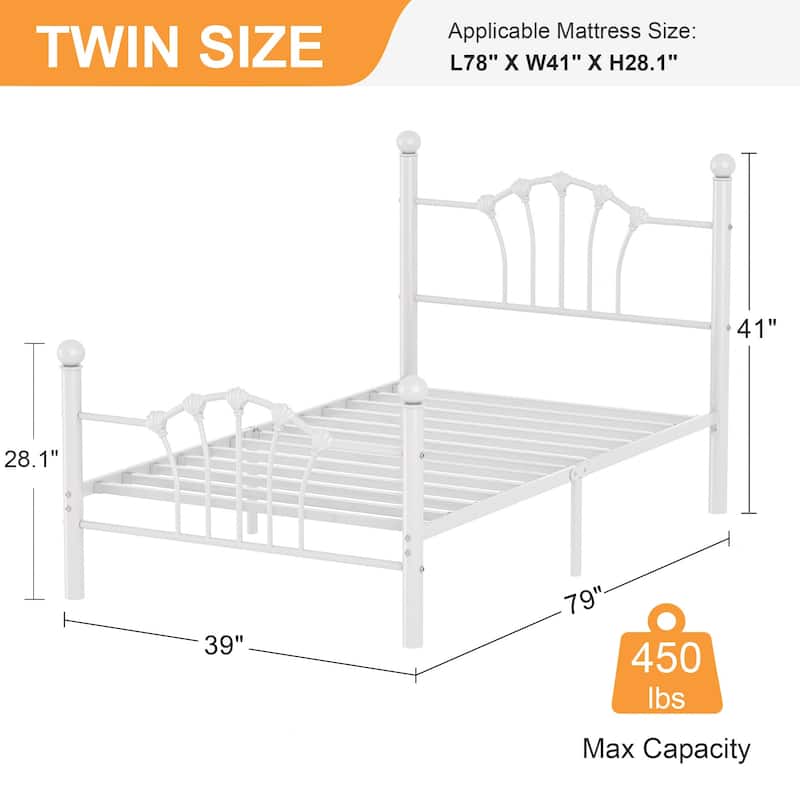 VECELO Classic Twin Size Metal Bed Frame Shell Design with Roman Columns Sturdy Twin Bed Frame for Kids Space-Saving Twin Bed