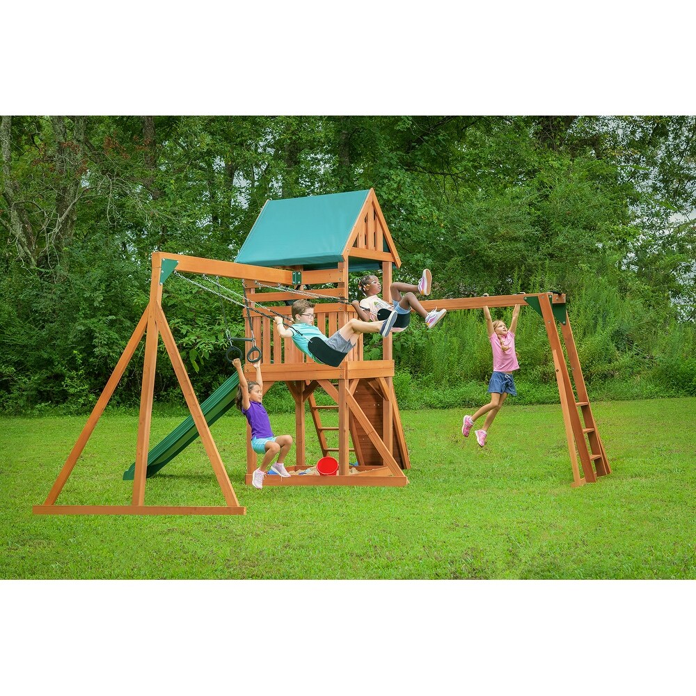 Mountain View Swing Set with Tarp Roof, Climbing Wall, Monkey