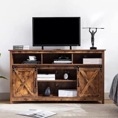 Farmhouse Barn Door TV Cabinet Up to 65" TV Brown - 55 inches