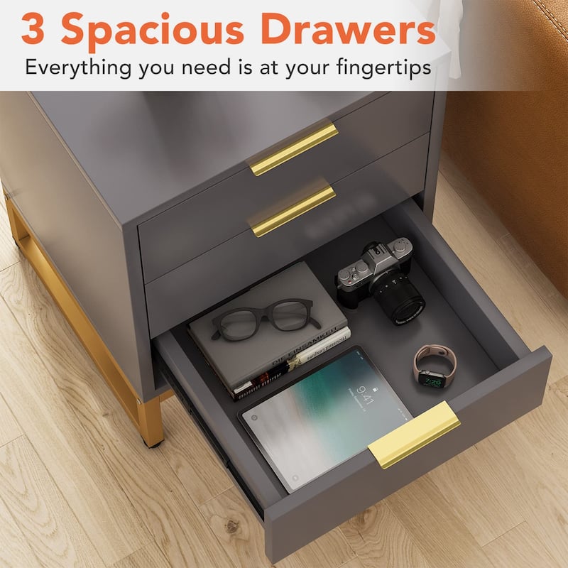 Modern Nightstand with 3 Drawers for Bedroom