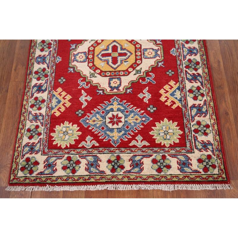Red Geometric Kazak Pakistan Accent Rug Handmade Wool Carpet - 2'9" x 3'9"