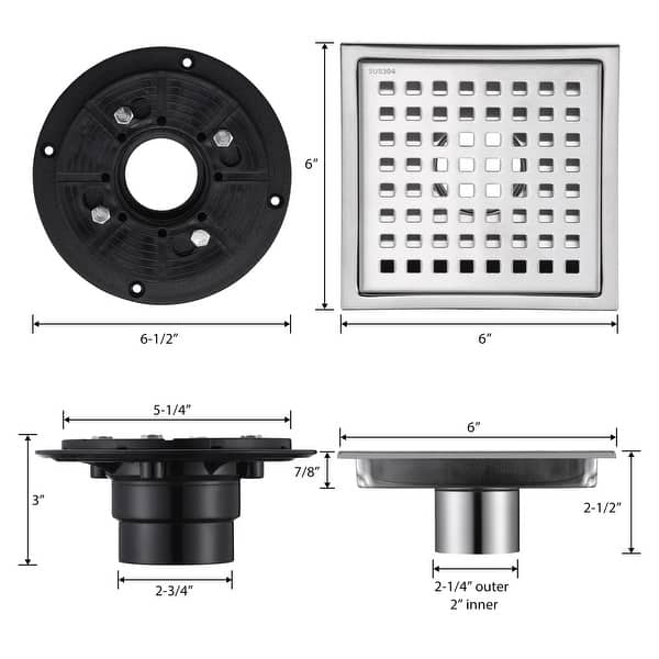 dimension image slide 1 of 4, Luxier FD01 6 in. x 6 in. Stainless Steel Square Shower Floor Drain