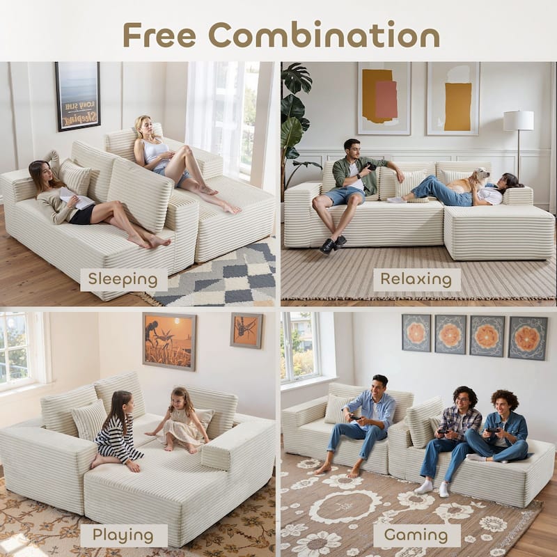 Meyreso No Assembly Required Long Plush L-Shaped Sectional Sofa with Round Nesting Coffee Tables