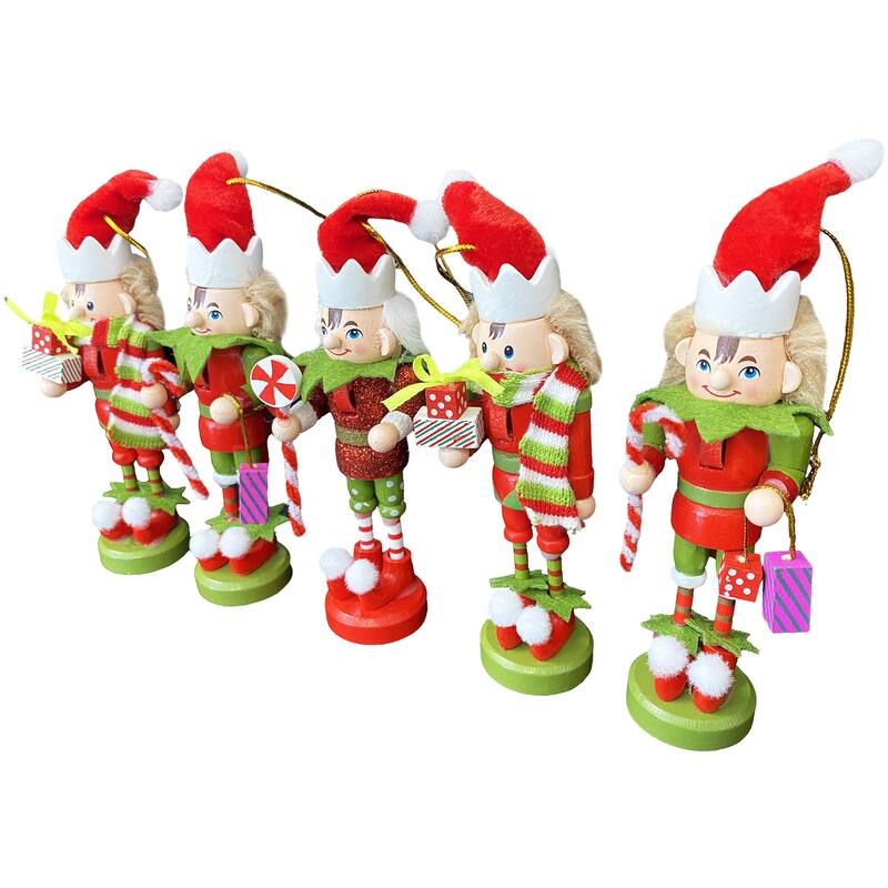5" Elf Nutcracker Ornaments, Set of 5