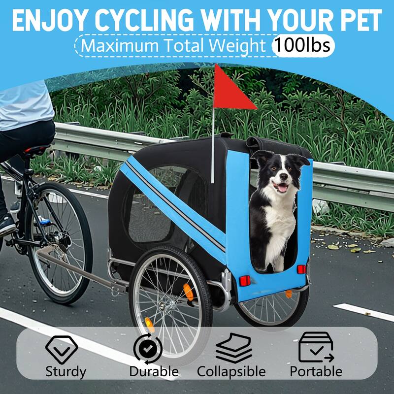 Large Folding Dog Bike Trailer with Steel Frame, 100LB Capacity Pet Bicycle Carrier with 20" Wheels & Rain Cover