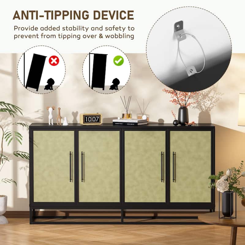 VEIKOUS 4-Door Buffet Sideboard Cabinet with Adjustable Shelves & Anti-Tipping Design - 61.5"×15.4"×33"