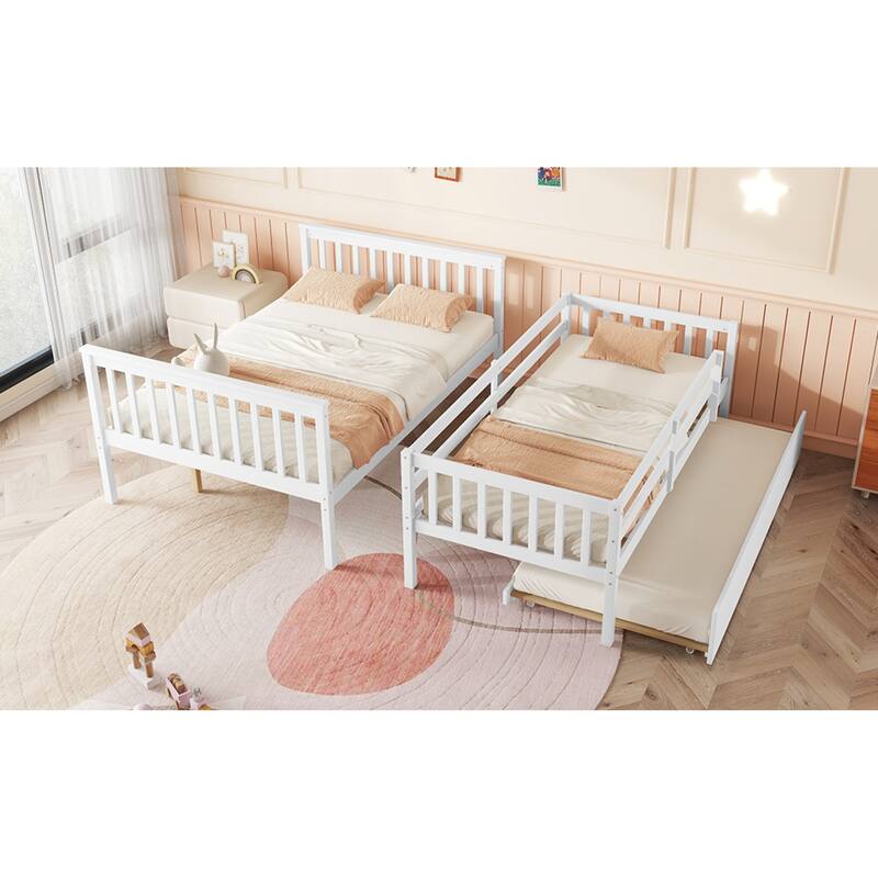 Roomfitters Twin Over Full Rubber Wood Bunk Bed with Trundle, Detachable Convertible Bunk Bed with Ladder and Guardrails