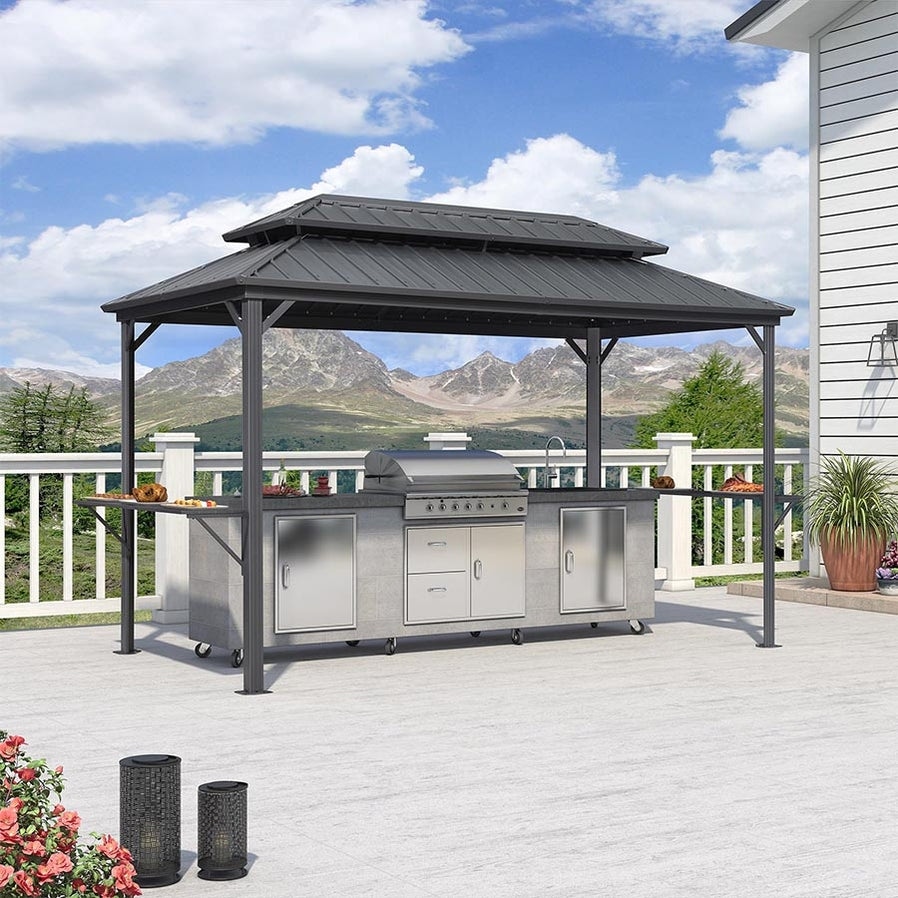 PURPLE LEAF Hardtop Grill Gazebo Galvanized Steel Roof Outdoor BBQ Canopy with Ceiling Hook and Shelves