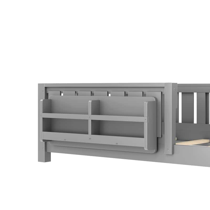 Low Profile Montessori Bed Floor Platform Bed with Fence and Bookshelf