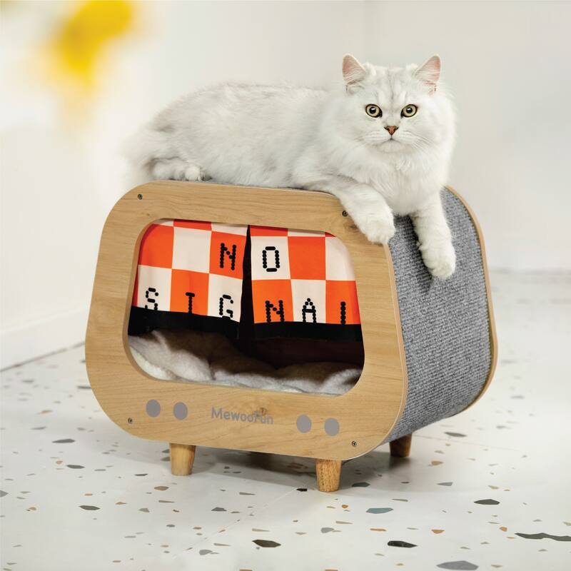 Wooden TV-Shaped Cat Bed, Cat House with Cushion