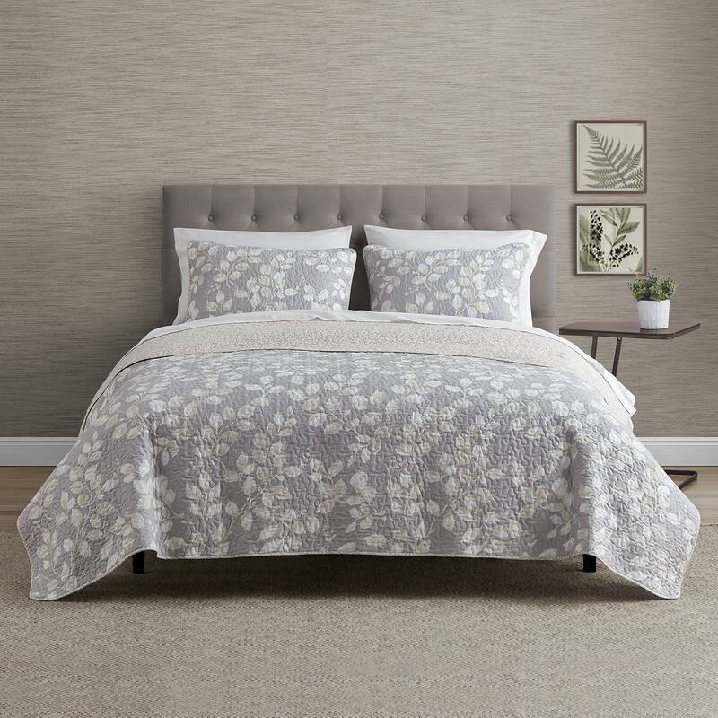 DESIGN STUDIO Camden Leaves Grey/Neutral Cotton Quilt Set - Queen