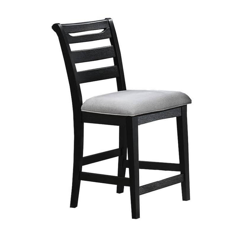 Remus Bar Height Chair, Ladder Back, Black Embossed Wood, Gray Fabric